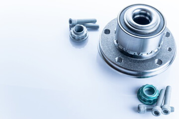 Accessories for cars. Set of new metal car part. Auto motor mechanic spare or automotive piece isolated on white background. Repair and vehicle service.