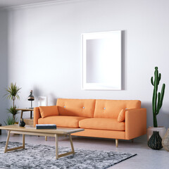 Scandinavian Room with Decorations, Indoor Plants, Cozy Colorful Sofa and White Plank Floors and Isolated Empty Frame over the Sofa