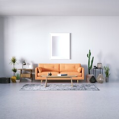Scandinavian Room with Decorations, Indoor Plants, Cozy Colorful Sofa and White Plank Floors and Isolated Empty Frame over the Sofa