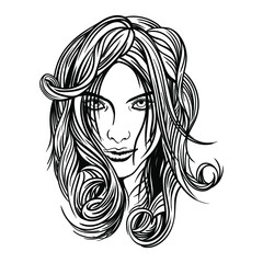 Vector image, the face of a beautiful young girl with long wavy hair looking into the frame.