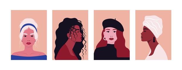 Fashion woman portrait posters. Abstract diverse female faces, women avatar contemporary style. Vector flat illustration