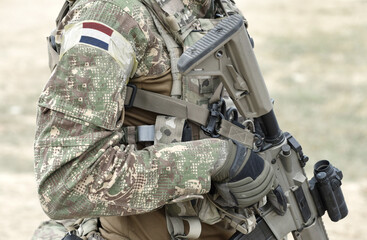Soldier with assault rifle and flag of Netherlands on military uniform. Collage.