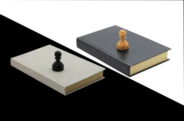 Abstract photo with chess pieces on books, black pawn on light book and white background, white...