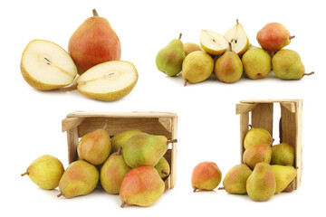 fresh "doyenne de comice" pears and a cut one in a wooden crate on a white background 