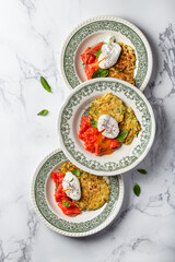 potato pancakes with salmon and poached egg