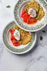 potato pancakes with salmon and poached egg