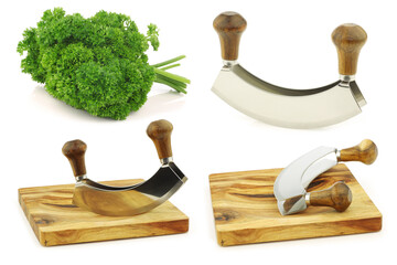 herb cutter (wiegemes) with wooden handles on a wooden cutting board with some parsly on a white background