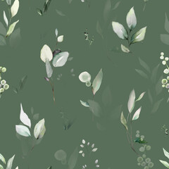 Seamless pattern with spring  leaves, herbs, eucalyptus . Hand drawn background.   green pattern for wallpaper or fabric.  Botanic Tile.