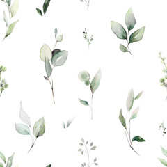 Seamless pattern with spring  leaves, herbs, eucalyptus . Hand drawn background.   green pattern for wallpaper or fabric.  Botanic Tile.