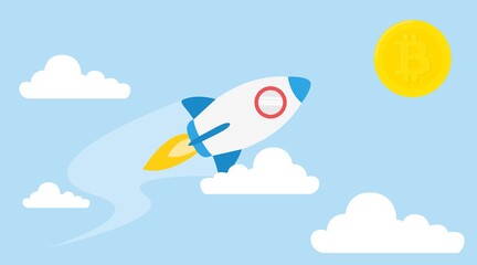 Bitcoin Rocket Background. Vector isolated illustration of a bitcoin and a rocket in the sky