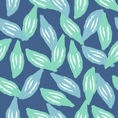 Bright blue leaves seamless pattern in hand drawn doodle style. Random floral botanic backdrop.