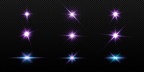 Shining neon stars isolated on black background. Effects, lens flare, shine, explosion, neon light, set.  Light star blue png. Light sun blue png. Light flash blue png.	