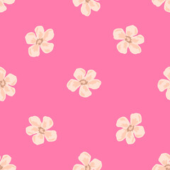 Creative summer seamless pattern with daisy flowers doodle print. Pink bright background. Nature print.