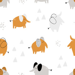 Vector hand-drawn colored childish seamless repeating simple flat pattern with cute elephants in Scandinavian style on a white background. Cute baby animals. Pattern for kids.