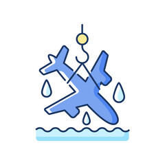 Plane salvage RGB color icon. Emergency evacuation. Sea rescue boat. Waterborne support. Marine salvage industry. Preventing pollution catastrophe. Marine transportation. Isolated vector illustration