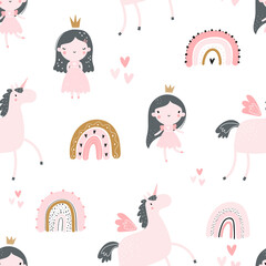 Vector hand-drawn colored childrens seamless repeating pattern with cute girls princesses in a dress with a crown, unicorns and rainbows on a white background. Creative kids trendy cute texture. © ZHUKO