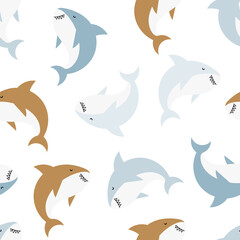 Vector hand-drawn colored childish seamless repeating simple doodle pattern with sharks in scandinavian style on a white background. Cute baby animals. Pattern for kids with sharks. Sea. Underwater.