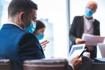 business worker with surgical face mask, coronavirus COVID-19 protection concept, new normal...