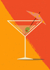 A glass of martini with an olive in a retro style. Vector illustration.
