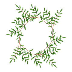 Wreath with watercolor pistache branches. Hand drawn illustration is isolated on white. Frame with green leaves is perfect  for floral design, greeting card, poster, wedding invitation