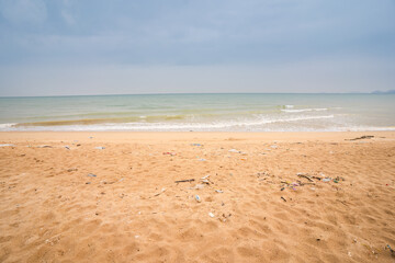 Fototapeta na wymiar Garbage on white sand beaches, beautiful sky and sea, Thailand's environmental problems.