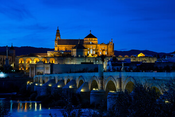 Mosque-Cathedral and the Roman Bridge in Cordoba, Andalusia, Spain at night