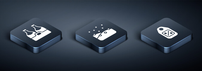 Set Isometric Champagne bottle, Price tag with Sale and Snowfall icon. Vector