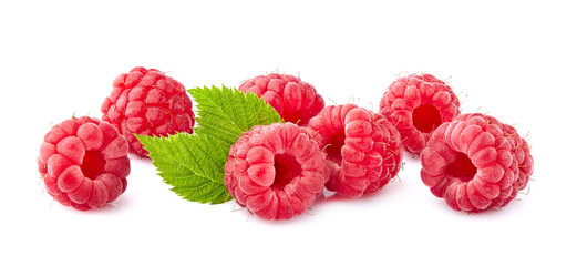 Raspberries with leaves   Isolated on White Background. Ripe berries isolated.