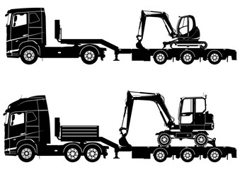 Silhouettes of trucks with excavators on semi-trailers. Side view. Flat vector.