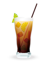 Long Island Iced Tea cocktail with lime and drinking straw. Vector illustration isolated on white background