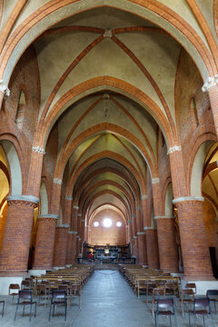 Morimondo, Italy - September 5, 2020: Medieval abbey of Morimondo, Milan, Italy: interior