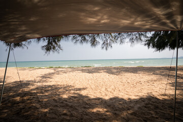 Tent roof under the pine tree, view of sky and sea, holiday camping.