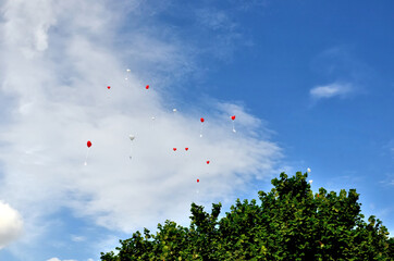 Hoch hinauffliegende rote und weiße Herz-Luftballons mit anhängender Karte vor blauem Himmel