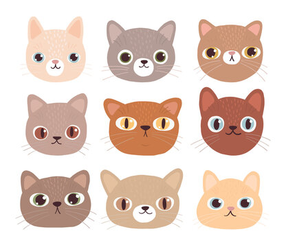 Collection of cute faces of cats. Funny emoticons with the image of kittens. Set of cartoon animals