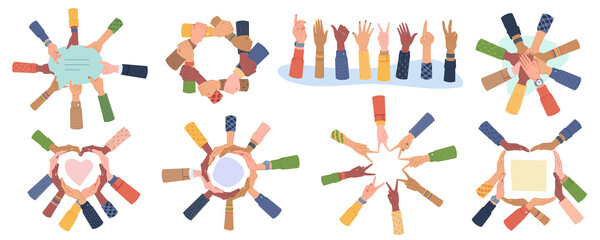 Cultural Diversity Day vector set isolated. Diverse human hands united for social freedom, peace, showing different gestures, togetherness concept. Palms making heart, holding speech bubble, teamwork
