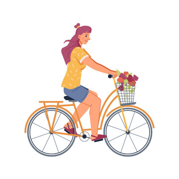 Woman riding on bicycle isolated flat cartoon person. Vector young adult cyclist on bike decorated by flowers in basket. Healthy way of life, active cycling person enjoying ride on mountainbike