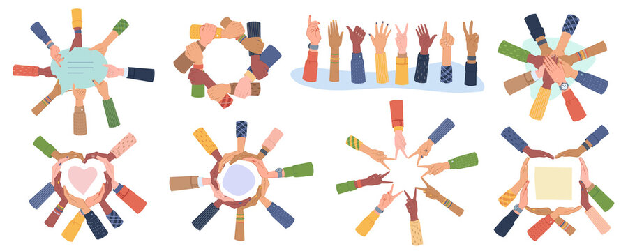 Cultural Diversity Day vector set isolated. Diverse human hands united for social freedom, peace, showing different gestures, togetherness concept. Palms making heart, holding speech bubble, teamwork