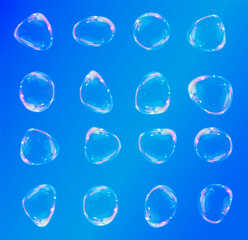 Collection of realistic soap bubbles.
Bubbles are located on a transparent background.  Vector flying soap bubbles