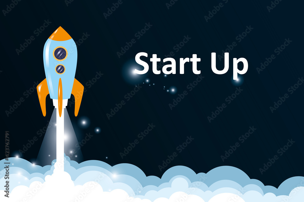 Poster startup concept with taking of rocket illustration on dark background