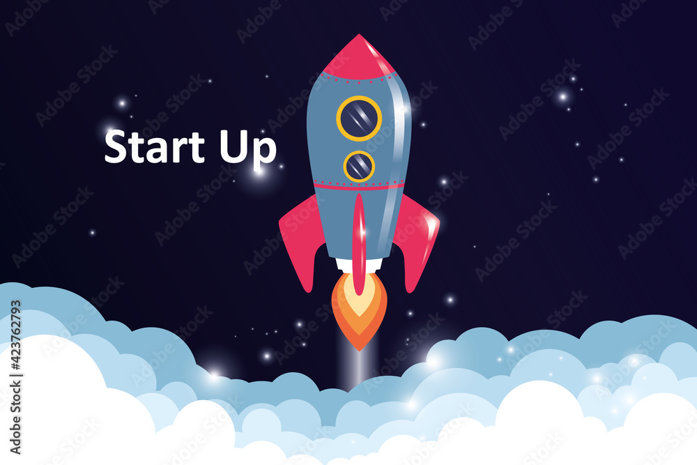 Poster startup concept with rocket illustration taking of white clouds on dark background