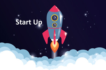 Startup concept with rocket illustration taking of white clouds on dark background