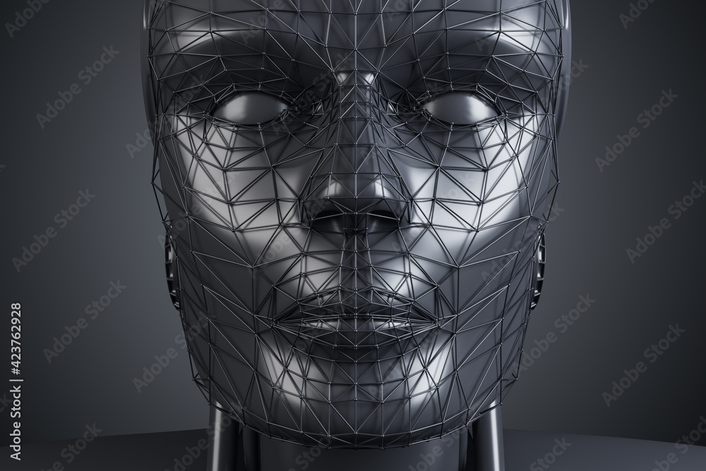 Aufkleber robotics concept with stylish black robot head dummy with mesh on face