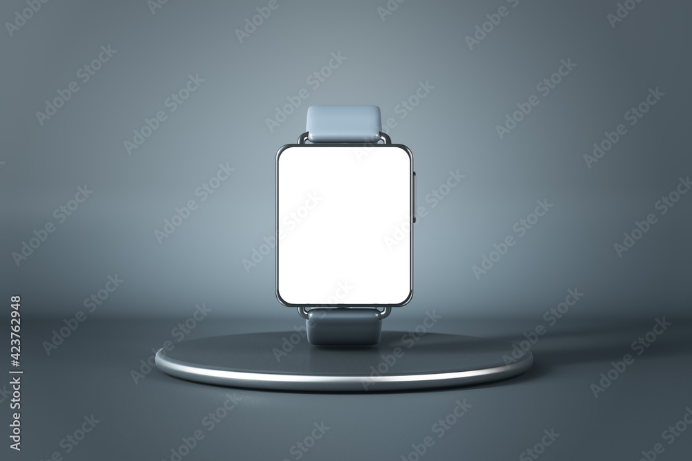 Poster Smart watch concept with electronic watches with blank white display on metallic round stand on abstract background. 3D rendering, mock up