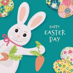 Easter Bunny and carrot in a hand draw style - card. Happy easter day.
Vector Template greeting card, banner, poster, flyer with a bunny. 