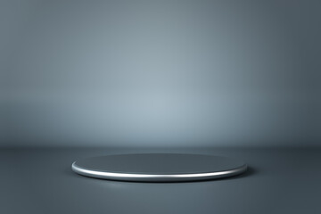 Empty metallic stand for phone or watches on abstract dark background. 3D rendering, mockup