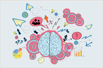 Brain icons sketch, blue, pink, brainwork, brainstorm concept