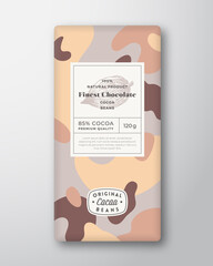 Cocoa Chocolate Label Abstract Shapes Vector Packaging Design Layout with Realistic Shadows. Modern Typography Hand Drawn Bean Silhouette and Colorful Camouflage Pattern Background. Isolated