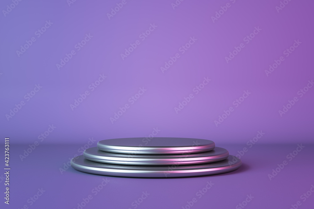 Poster Metallic effect glossy podium by three silver round stands on purple empty background. 3D rendering, mock up