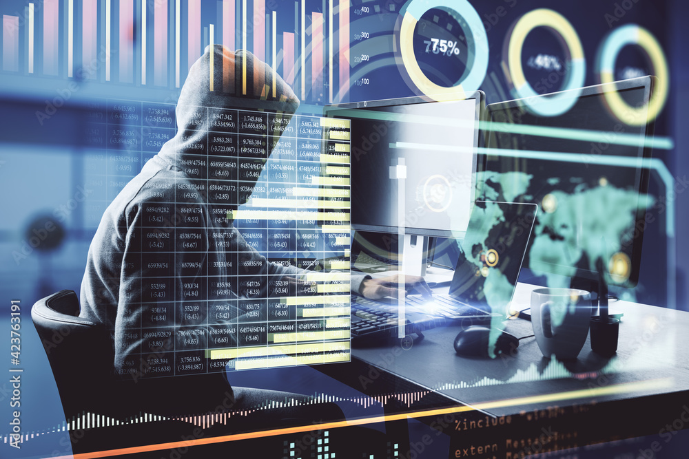 Aufkleber Data theft concept with hacker working on computer and digital interface with stats and big data indicators