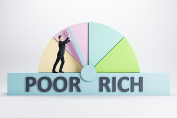 Success concept with poor and rich scale and man trying to achieve rich point on white background